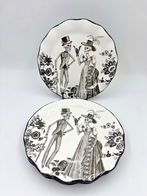 Set of 4 Potter's Studio Halloween VICTORIAN SKELETON Salad Plates Specks -Gold