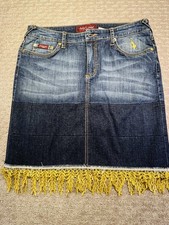 Baby Phat Skirt Juniors 11 Blue Denim Pencil Embroidered Cat Lace Fringe Hem