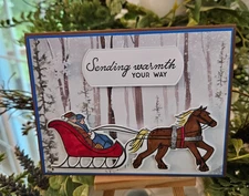 STAMPIN UP CARD KIT -HORSE & SLED  SENDING WARMTH YOUR CARD KIT MAKES 4 #XS-338