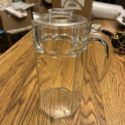 Vtg ARC  Luminarc Octime Clear Glass Pitcher matching clear plastic lid jug 