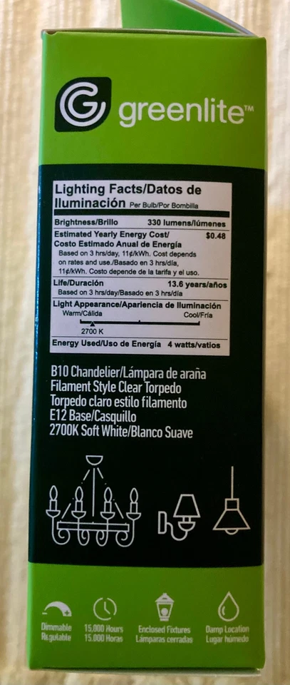 4 pack Greenlite 40W E12 Dimmable Chandelier Candelabra 4W LED Light Bulb B10 - Image 3 of 4