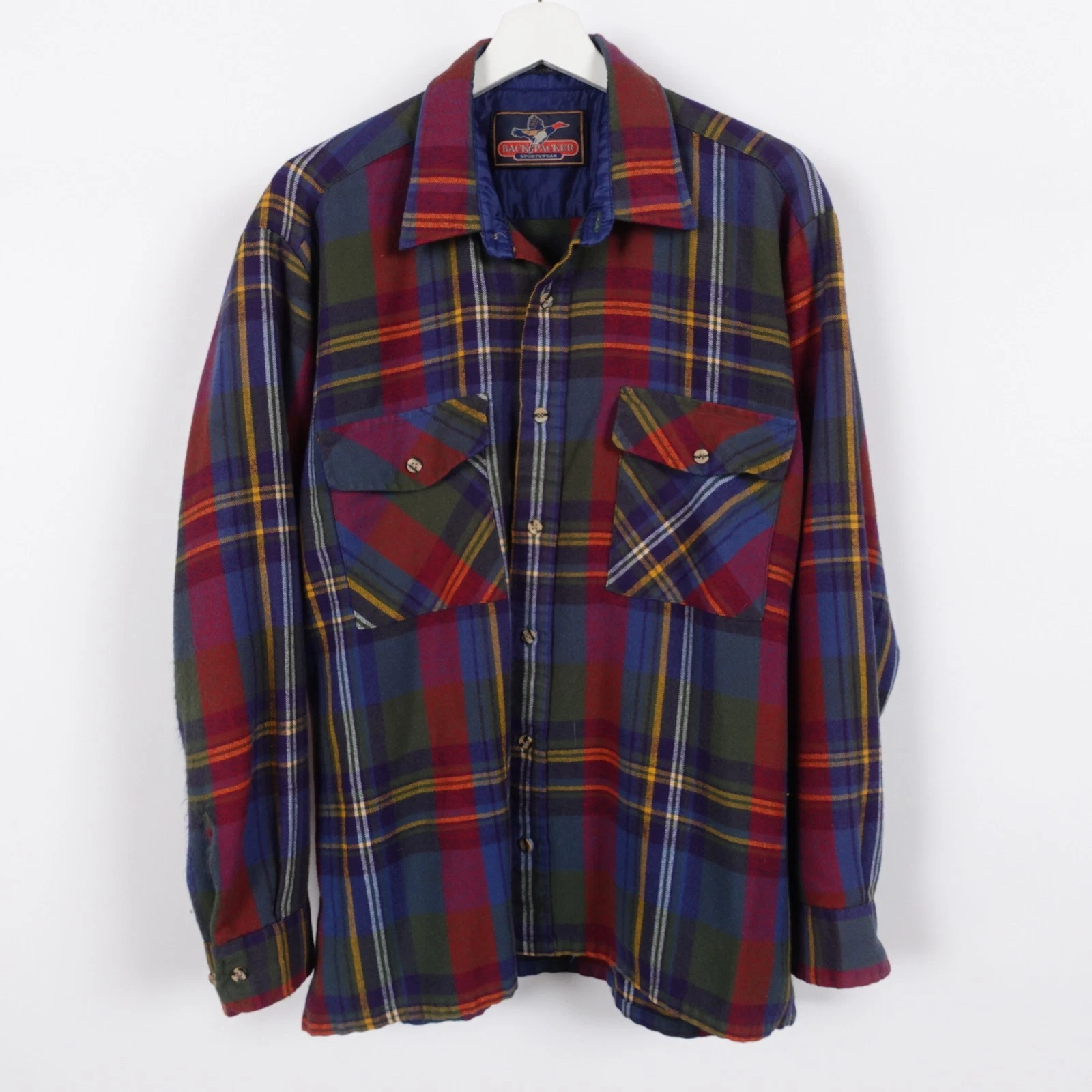 Vintage Flannel Shirt Mens Large Plaid Flap Pockets Acrylic Knit Backpacker Kore