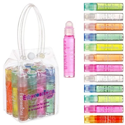 12pc Roll-On Lip Gloss Set with Carrying Case   Fruity Non-Glossy Lip Makeup ...