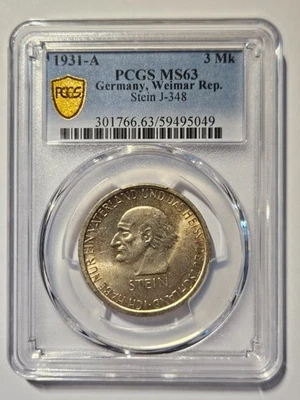 Weimar 3 Mark Stein 1931 PCGS MS63 Traumhafte Patina - Bild 1 von 2