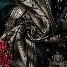 Sanskriti Vintage Green Pure Satin Sarees Banarasi Brocade Zari Hand Woven 5 Yd
