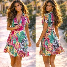 Tropical S Bold Boho Medallion Midi Shift Dress Multicolor Zip Front Stretch