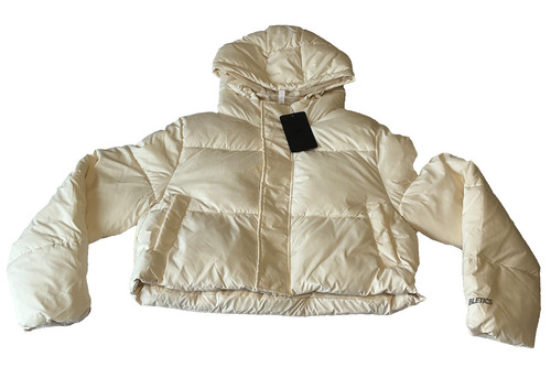 Fabletics Essential Cropped Hooded Puffer Coat Jacket Women Size L White Pockets