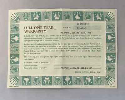 Vintage Genuine Rolex Warranty Certificate 1980s, blank purchaser and date