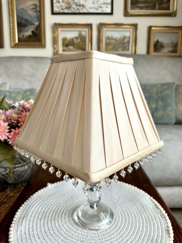 Vintage Champagne Gold Fabric Table Lampshade Pleated Square Shape Beaded Edge - Picture 3 of 17
