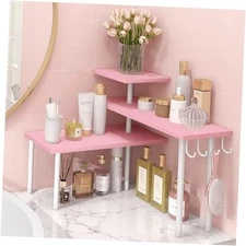  3-Tier Counter Organizer Shelf for Bathroom, Corner Shelf for Pink, With Hooks