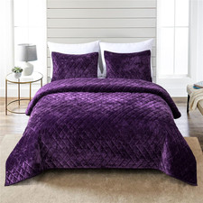 Luxury Purple Distressed Velvet Quilt Set, 3-Piece King Size with Diamond Stitch