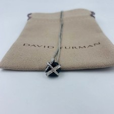 David Yurman Sterling Silver Cable Wrap Black Onyx  Diamonds Necklace 16"-17"