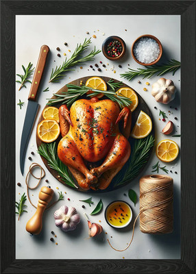 Gerahmtes Wandbild Poster Leinwanddruck Bild gebratenes Huhn Küche
