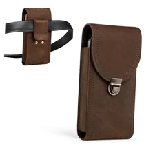  Genuine Leather Vertical Cell Phone Holster fits for iPhone Medium Retro Brown