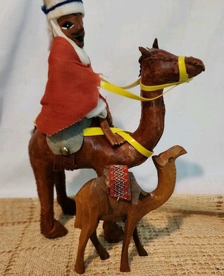 Camel and Rider Figurine Leather Wrapped Hand Made Arabian Folk Art 9.0 Tall VTG