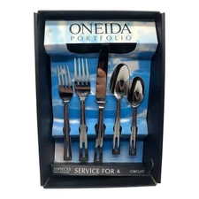 NEW 20 Pc Oneida CIRCUIT 18/0 Stainless Flatware Set Glossy/Satin Line Pierced