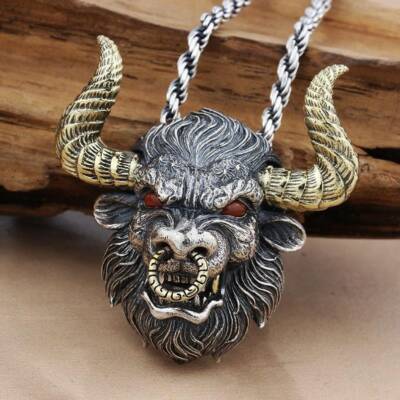 big BULL STEER ANIMAL HORN RED EYE pendant 26'' 925 Sterling Silver Necklace men 