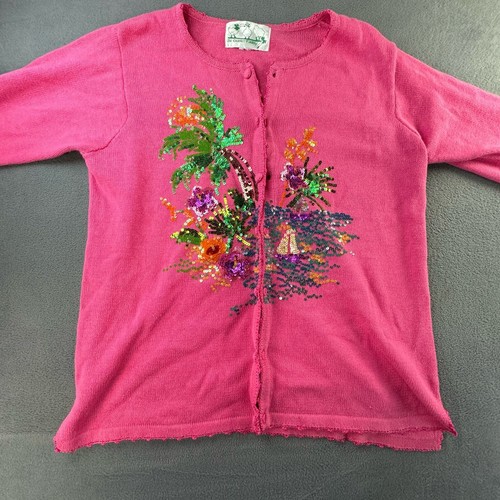 Quacker Factory Sweater Womens L Pink Sequins Palm Granny Cottagecore Crochet