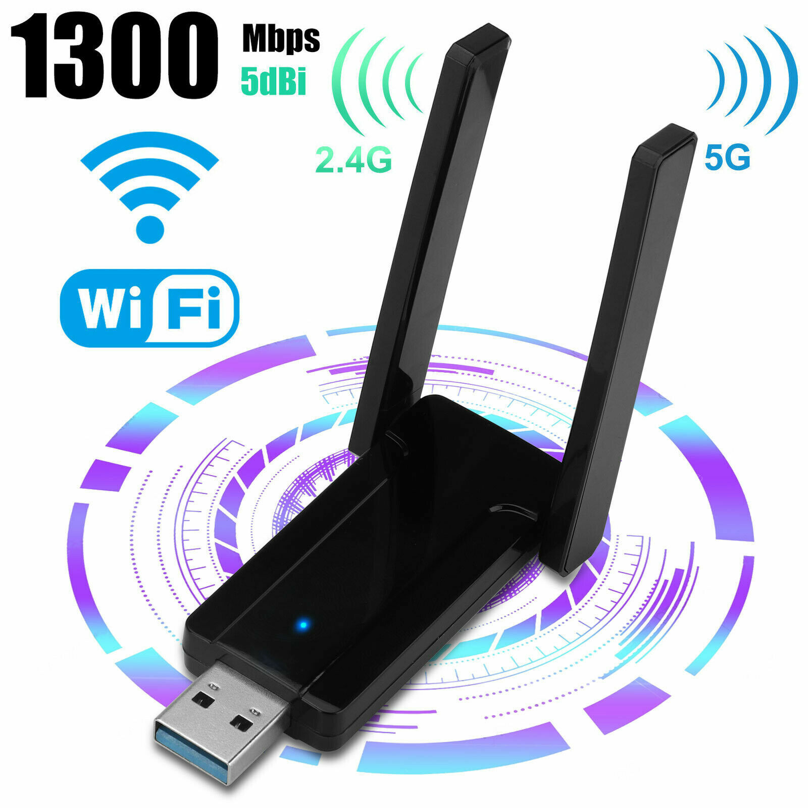 1300Mbps 2.4G/5G Dual Band USB 3.0 WiFi Adapter w/Antenna for La