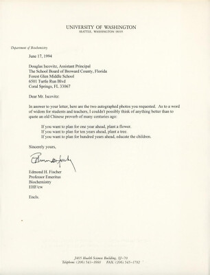 Edmond H. Fischer d. 2021 (Nobel Prize Medicine) Typed Signed Letter 1994 U of W