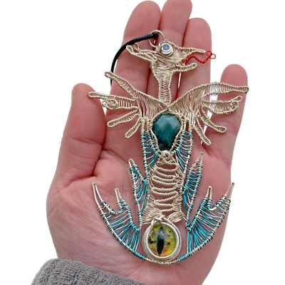 Phoenix Rising Pendant Sterling Silver Green Agate Star Sapphire Necklace