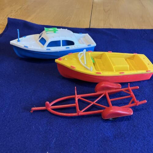 Lot Of 2 Plastic 8” TOY BOATS & One Trailer