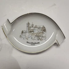 Vintage Ceramic Ashtray Handausgemalt Quedlinburg DOM Village Picture White Gold