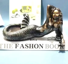 NEW 8" Vintage Silver-Black Topless Mermaid Lying Resin Figurine Sculpture 3x8x4