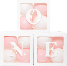 1St Birthday Party Decoration Boxes for Boys Girls, 3Pcs White One Balloon Boxes