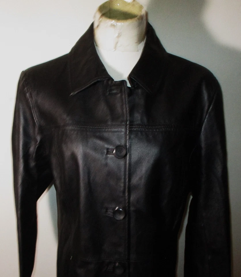 Abrigo para mujer EAST 5Th negro 100 % cuero con botones talla L Foto 2 de 4