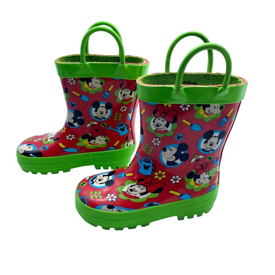Disney Mickey X Minnie Niños Talla 5/6 Rojo Verde Pull On Goma Lluvia Botas de Jardín Foto 3 de 4