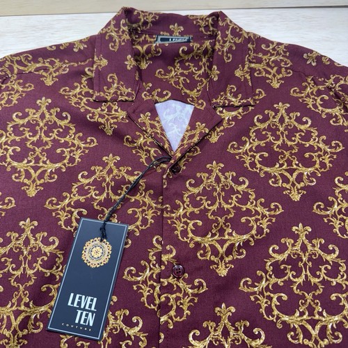 Level Ten Button Up Mens Size Medium Red And Gold Short Sleeve Rayon Shirt - Picture 2 of 17