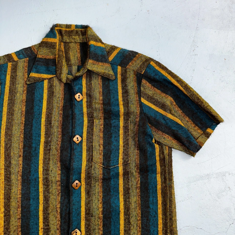 Camisa anos 1960 lã manga curta listrada madeira botão para baixo anos 60 anos 70 Rockabilly - Imagem 2 de 4