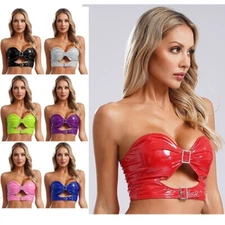 Women's Sexy Patent Leather Lingerie Strapless Bra Tube Top Hollow Out Crop Top