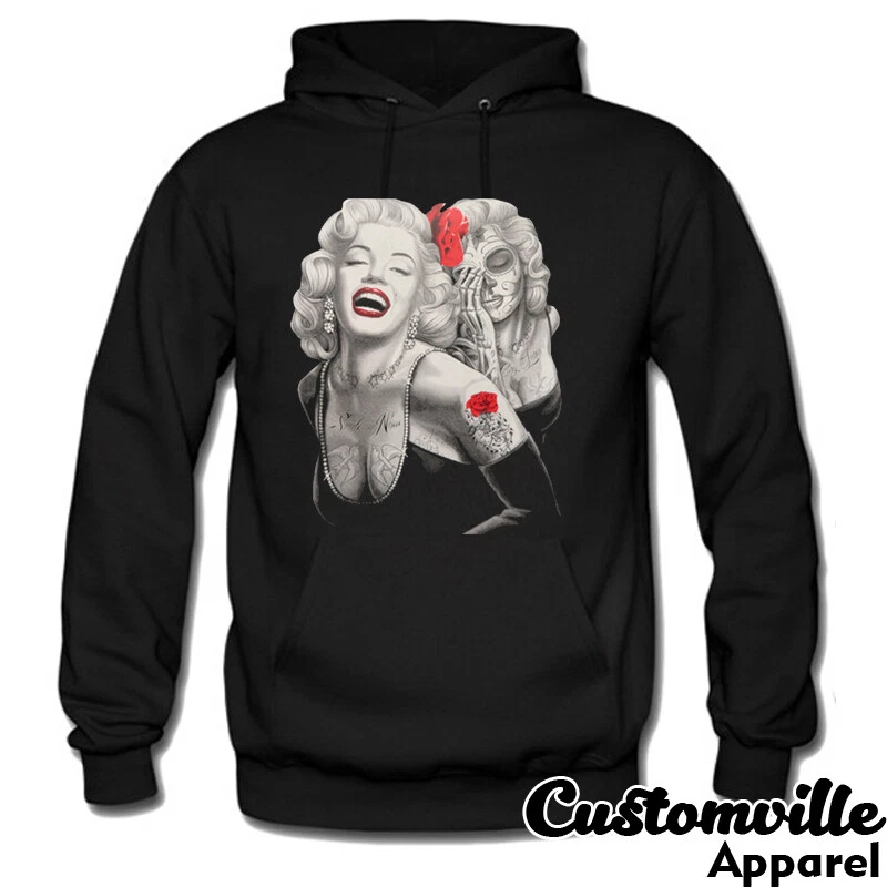 Inked Marilyn Monroe Hoodie Tattoo Red Rose Smile now cry later pullover
