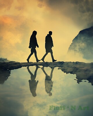 Hiking Couple Reflections Water Romantic AI Print 11x14 100% Cotton Paper L1