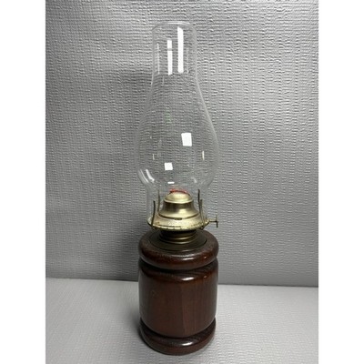Vintage Wood Base Oil Lamp with Clear Glass Hurricane Chimney Rustic Farmhouse