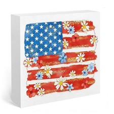 4th of July Patriotic Floral American Flag Wooden Sign 5 x 5 inches, Banner1