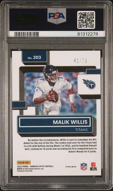 2022 DONRUSS OPTIC PINK VELOCITY /79 MALIK WILLIS PSA 9 MINT ROOKIE RC view 2