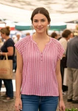 Time And Tru XXXL (22) Pink Striped Linen Blend Top V-Neck Buttons S/S Boho