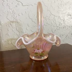 Fenton Iridescent Glass Basket Handpainted Pink Floral Ruffled Signed Echinacea