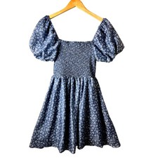 Altard State Womens Dress Floral Elowyn Mini blue puff sleeves smocked bodice