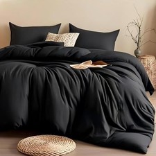 3PCS Black Comforter Set with 2 Pillowcases, Brushed Queen Solid Black