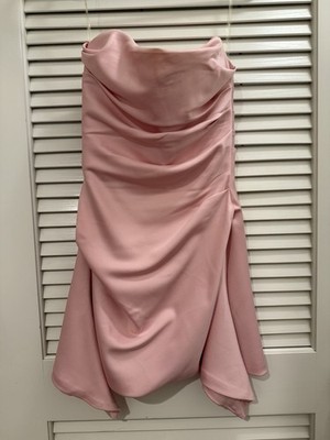 rose pink draped strapless corset dress House of CB Rose Pink Draped Satin Strapless Corset A-Line Dress