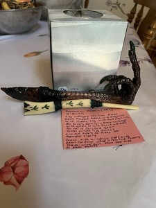 Handmade mahogany obsidian knife in turkey foot with handmade wing bone call