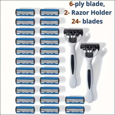 24 Stainless Steel 6 Blades Shaving Disposable Razors with 2 Handles for Men