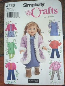 Simplicity 18” Doll Clothes Sewing Pattern #4786 American Girl Dolls Uncut