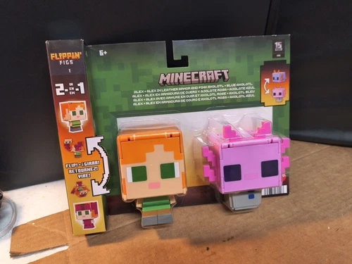 NEW Minecraft Flippin' Figs Alex Alex in Armor Pink Axolotl Blue Axolotl. Box 14