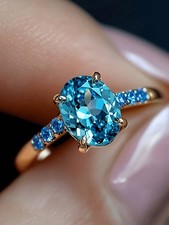 Yellow Gold Oval Blue Cubic Zirconia Ring Size 6-10 For Women