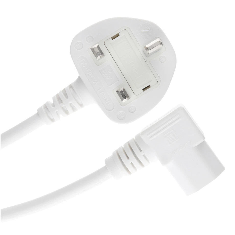Power Cord UK Plug to Right Angle IEC C13 Cable (kettle lead) 2m White - Image 4 of 4